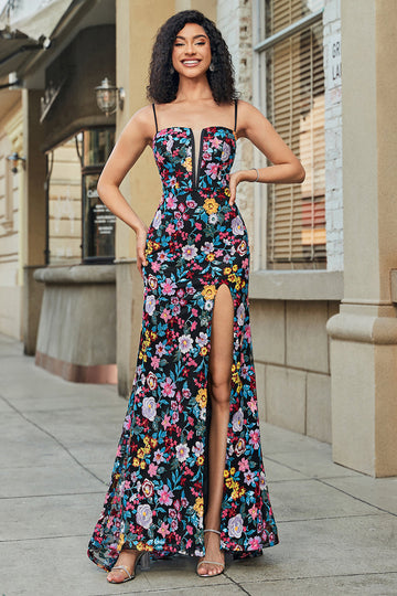 Black Flower Embroidered Mermaid Ball Dress With Side Slit